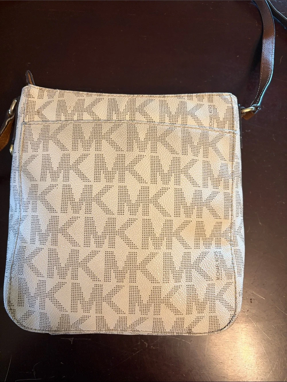 Michael Kors Beige MK Signature Crossbody with Brown Trim